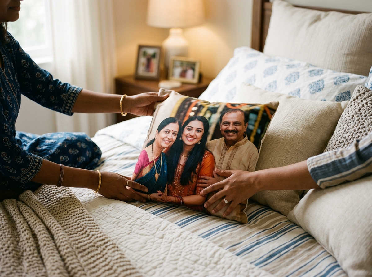 A close-up shot focusing on a young Indian woman's hands as she lovingly arranges a new personalised photo cushion on a neatly made bed. The cushion features a happy, bright photo of her with her parents. The lighting is soft and warm, evoking a sense of comfort and nostalgia.