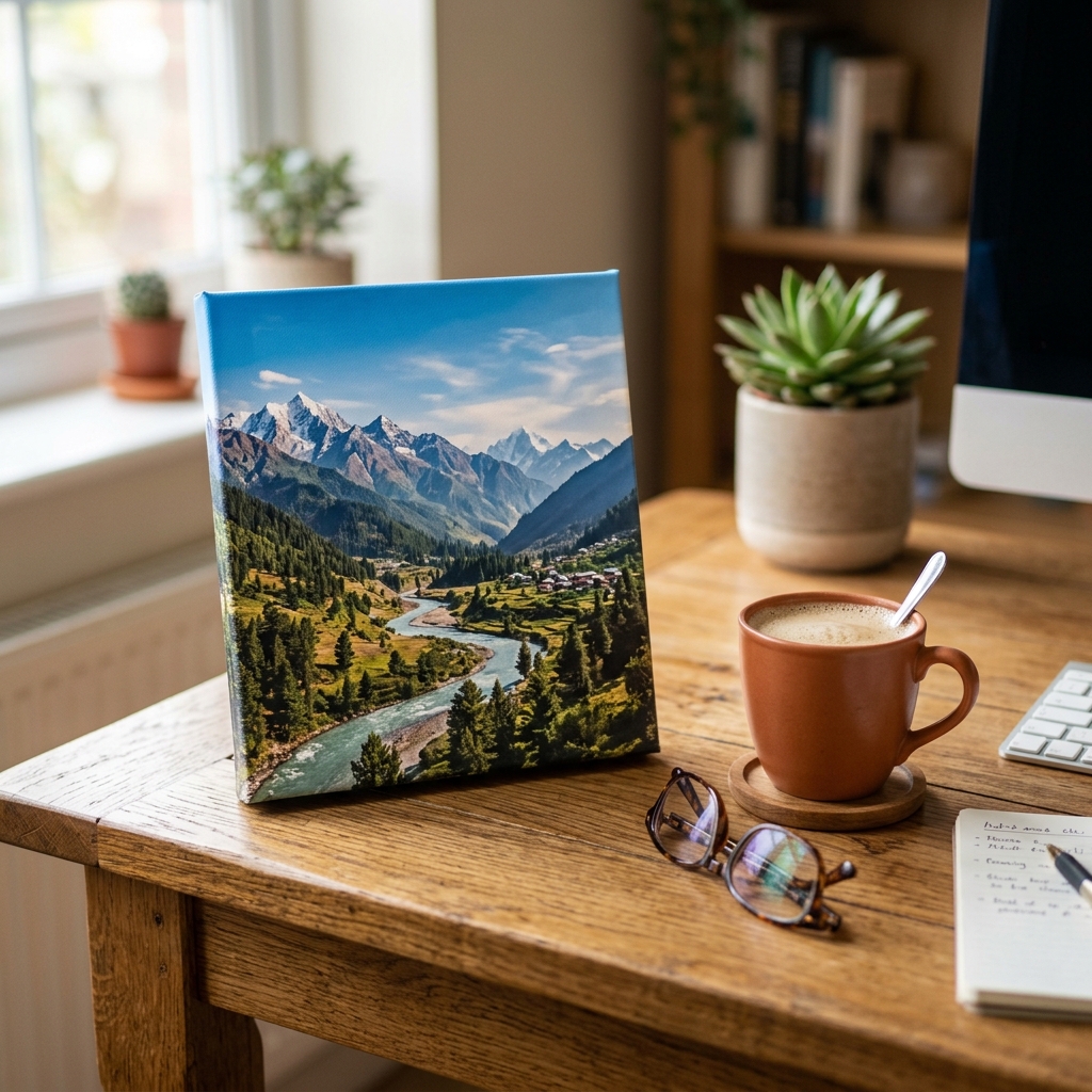 An eye-level shot of a small, elegant canvas print sitting on a wooden office desk. The canvas shows a beautiful landscape photo from a family holiday in the mountains of India. Next to it is a cup of chai and a pair of glasses. The scene is peaceful and inspiring.