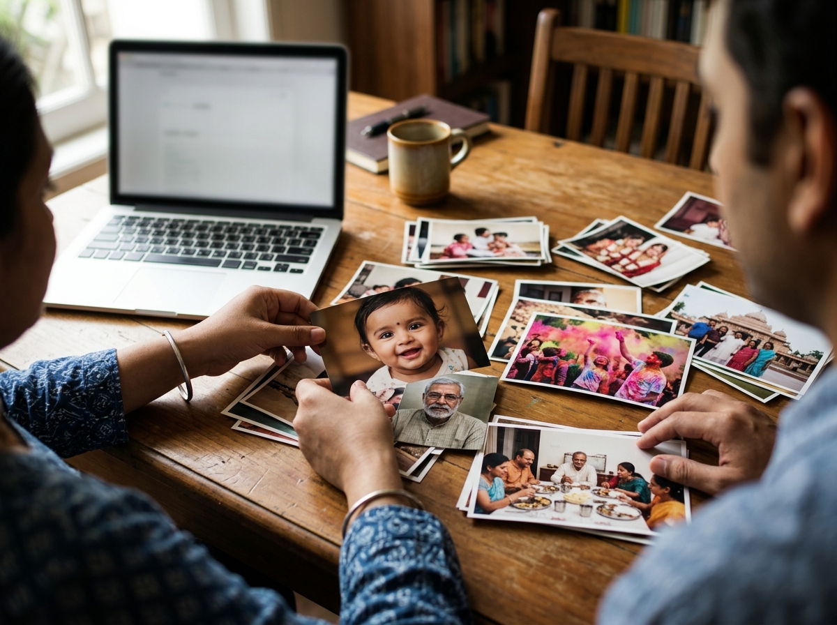 Over-the-shoulder shot of a person's hands arranging a collection of family photos on a wooden table. The photos show a mix of Indian family life: a baby's smile, a grandparent's portrait, a colourful festival scene. A laptop is nearby but out of focus. The mood is creative and thoughtful.