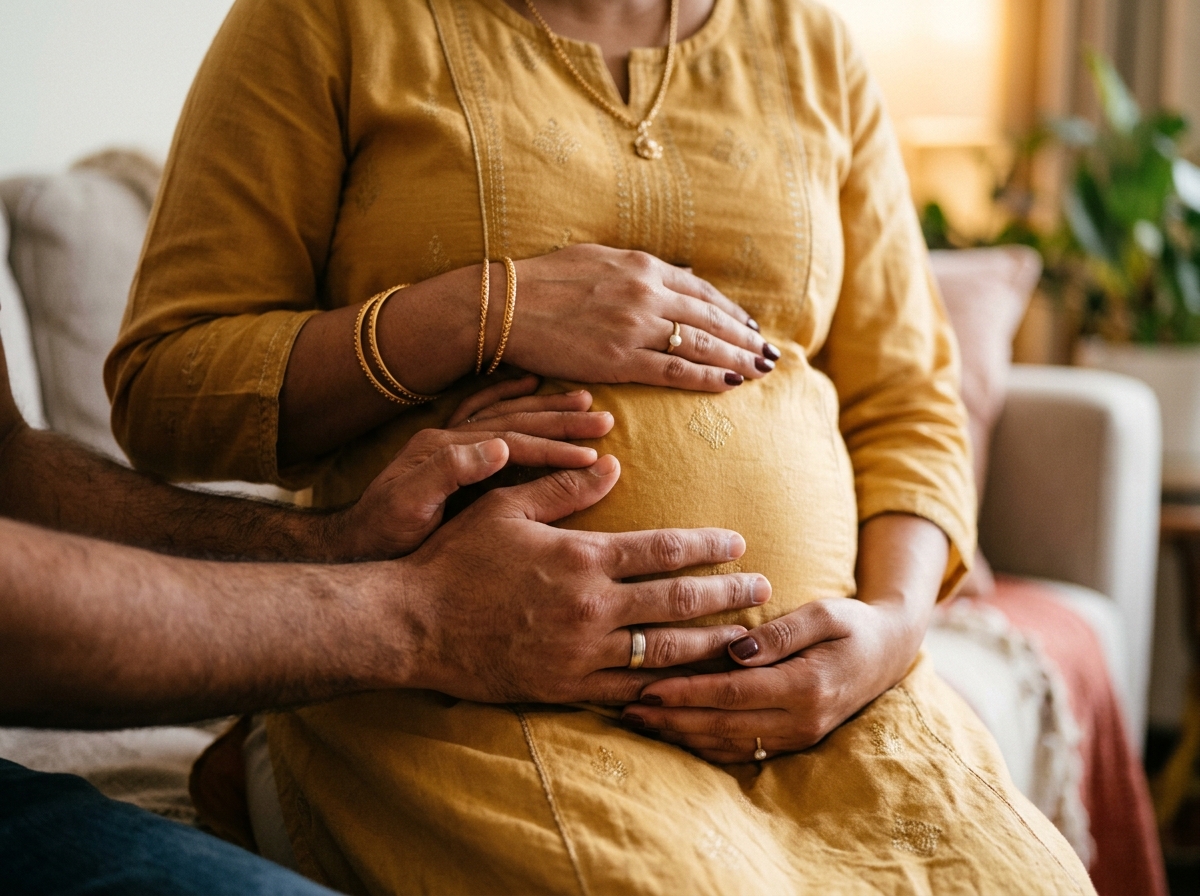 A close-up, detailed shot focusing on a pregnant Indian woman's belly. Her hands and her partner's hands are gently cradling the bump together. The lighting is warm and soft, highlighting the texture of their skin and the curve of her belly. The background is out of focus, emphasizing the connection and intimacy of the moment.