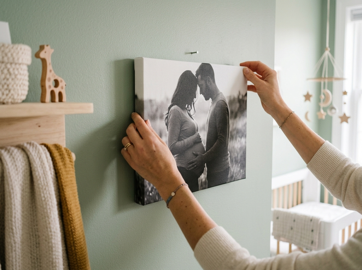 A close-up, detailed shot of a parent's hands carefully hanging a beautiful, lightweight canvas print on a nursery wall. The print features an artistic black and white photo from a maternity shoot. The wall is painted a soft sage green, and the overall nursery decor is gender-neutral and modern.