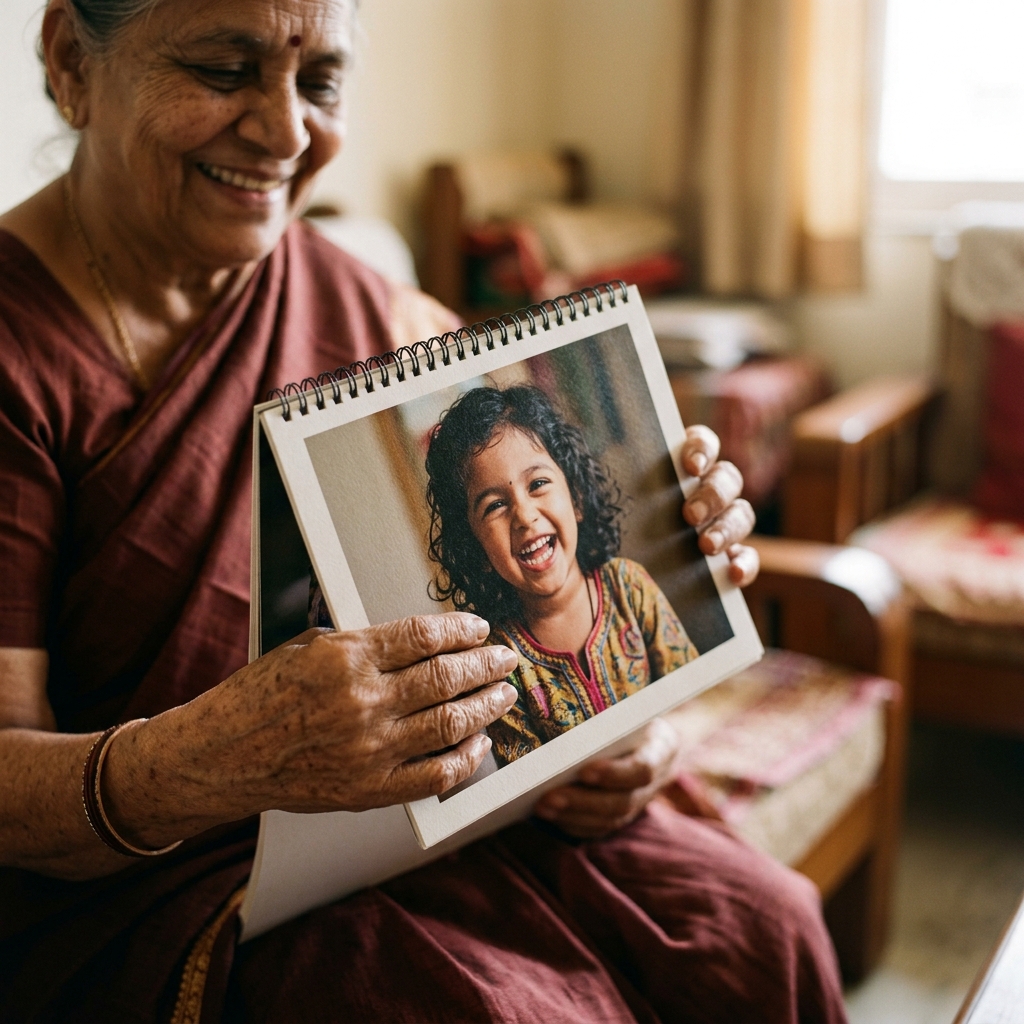 Close-up on the hands of an elderly Indian grandparent gently holding a custom photo calendar. Their expression, seen partially, is one of love and delight. The photo visible on the calendar is of their young grandchild laughing. The focus is on the emotional connection and the texture of the printed page.