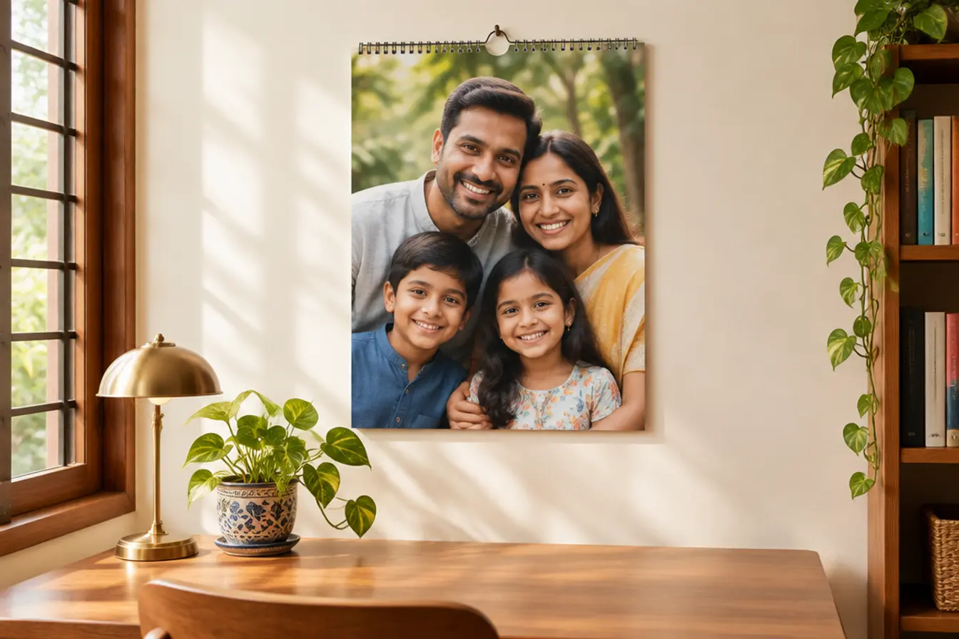 A family photo calendar on a kitchen wall