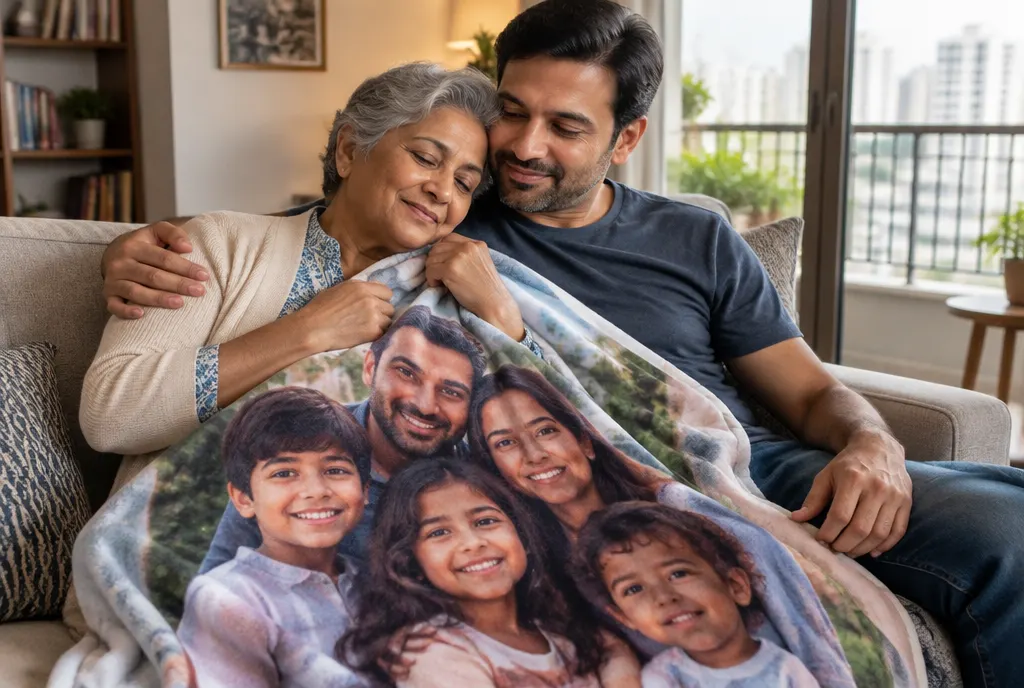 A photo blanket printed with a mother and her daughter, on a sofa
