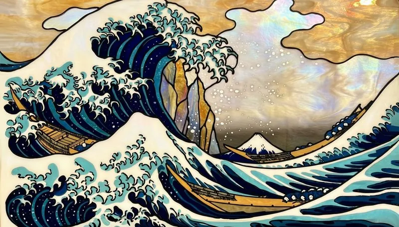 A picture PixLab made from a description: a great wave in the style of stained glass, under a gold sky