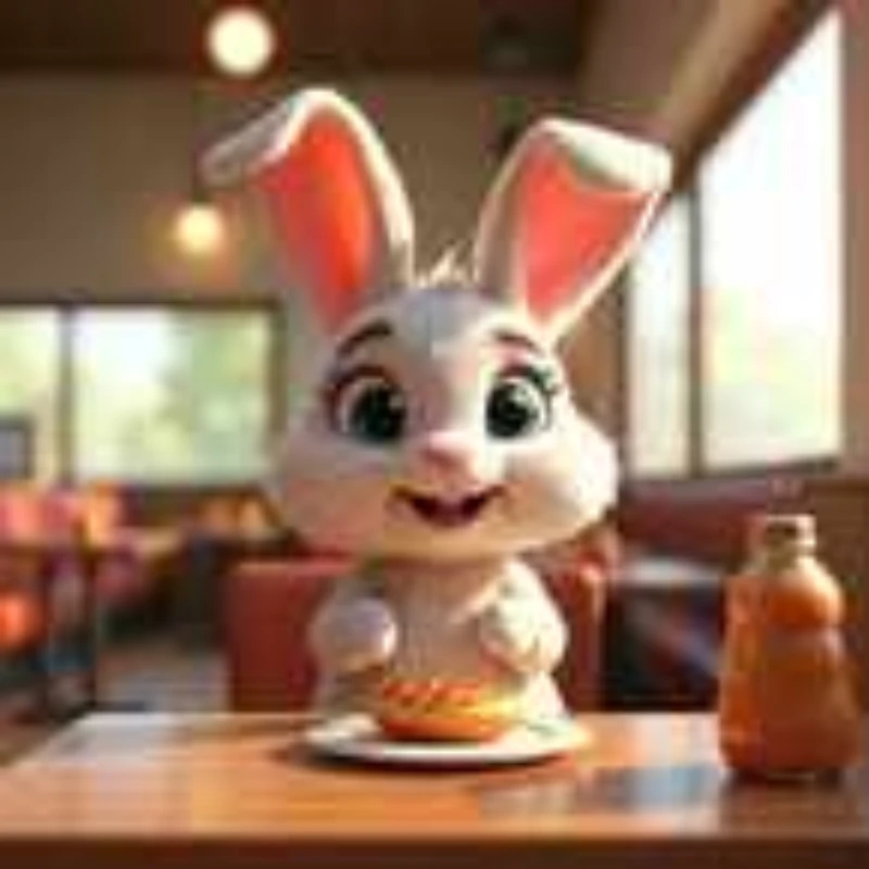 A small, soft picture of a cartoon rabbit at a café table, blurred at the edges