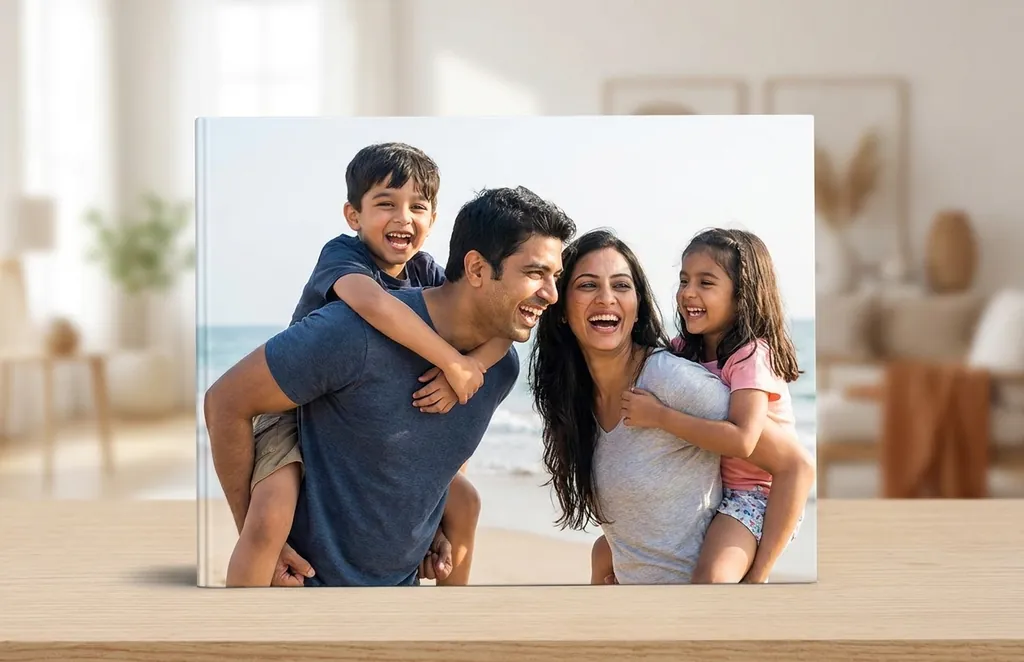 A hardcover photo book of a family on the beach