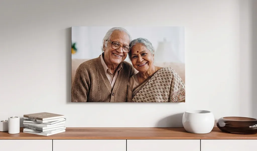 A family hanging a canvas print of themselves on a living room wall