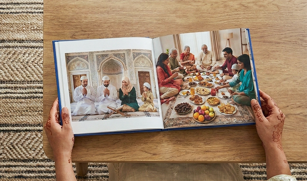 Photo Books|Photo Books|Personalised photo album book with romantic pictures of a couple and photo cover|Family photo album with custom printed cover and family name text|Pet and woman looking at personalised family photo book with custom design|HardCover|Photobook||||