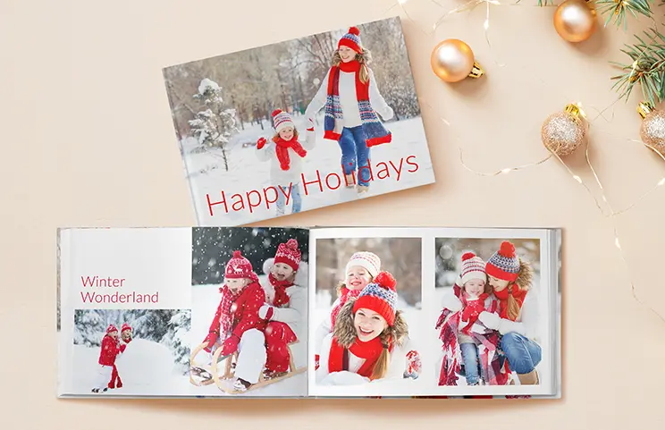 Custom printed Printerpix photo album with hard cover and large photos of old couple
