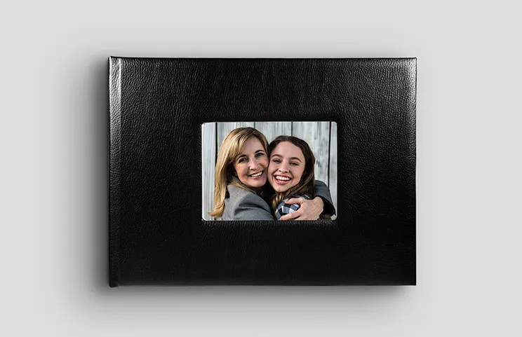 Lorenzo Window Cover Photobook by Printerpix|Black leather photobook with window in the cover and picture of mum and daughter||Beige colour leather photobook with window cover and baby photo|||||||