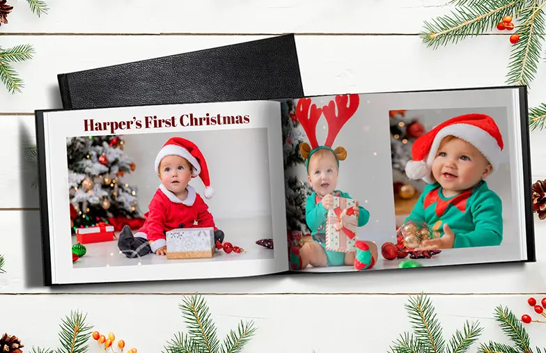 Hardcover Personalised Photo Books by Printerpix|Photo Book|Personalised photo album book with romantic pictures of a couple and photo cover|Family photo album with custom printed cover and family name text|Pet and woman looking at personalised family photo book with custom design|Two people looking at Printerpix custom photo book with wedding photos and bride|||||