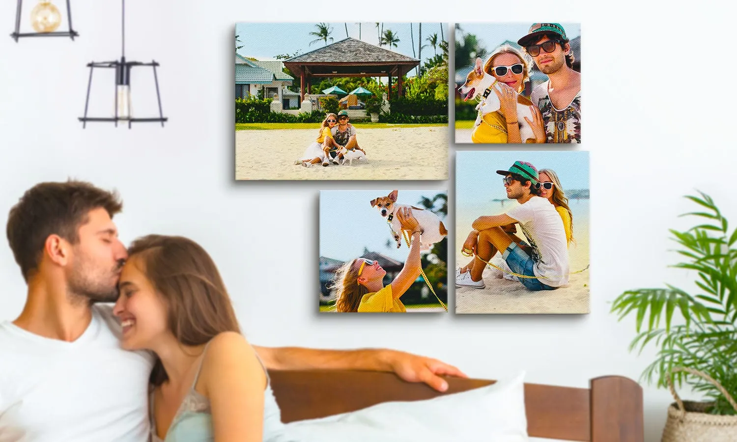 Wall with 6 different sized, dimension labelled canvases of various family photos