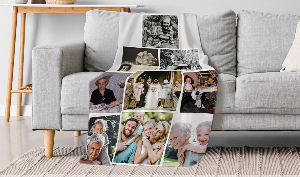 Mink Touch Photo Blanket by Printerpix|Photo Blankets|Large photo blanket on double bed with picture of girl photo|Photo blanket image with size comparison|Photo blanket black and white collage image||||||