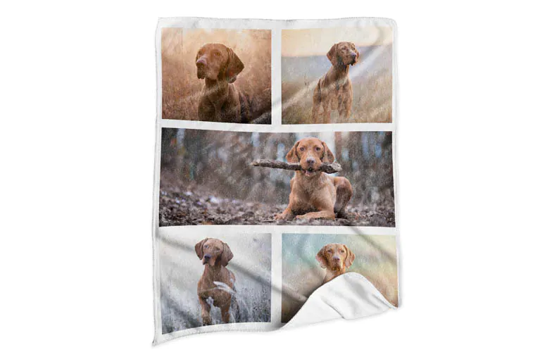 Close up of printerpix custom dog blanket with fleece fabric and photo of child and dog
