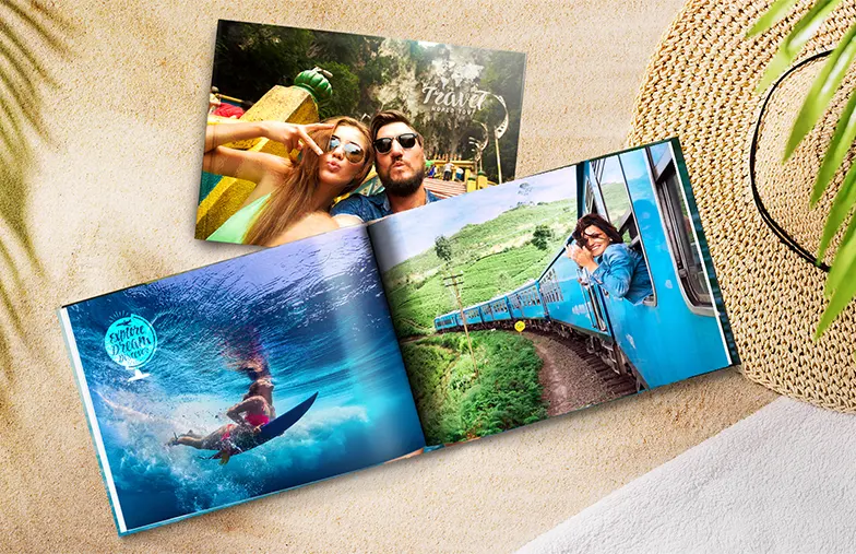 Personalised photo album book with romantic pictures of a couple and photo cover