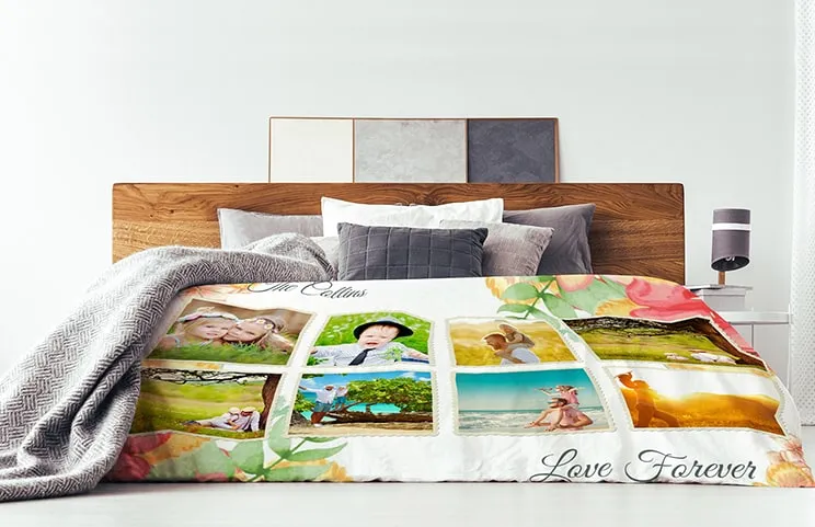 Large custom mink touch blanket on double bed with picture collage of family photos