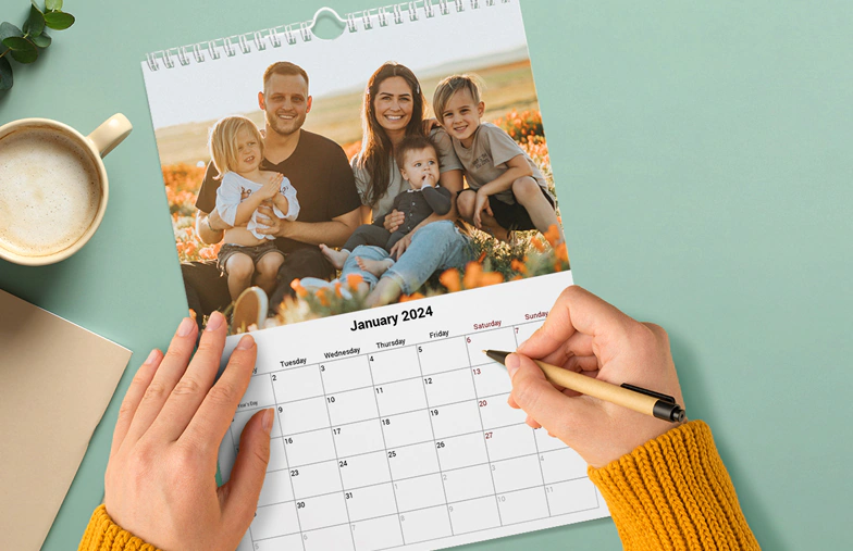 A3 2020 wall calendar hung up with personalised photo design by printerpix