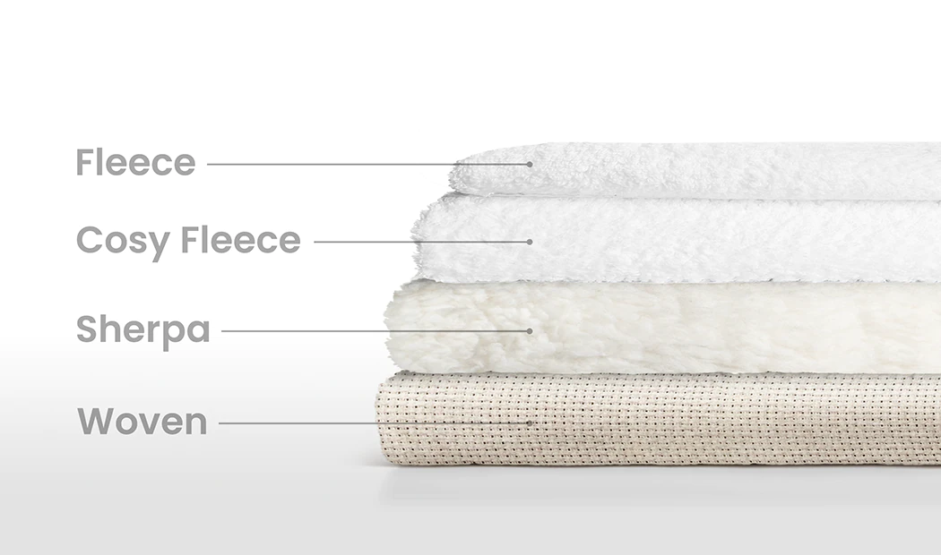 Layers of fleece, cosy fleece, sherpa & woven fabric.  Cosy, personalised comfort.